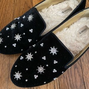 Birdies faux fir lined celestial embellished black slipper size 7